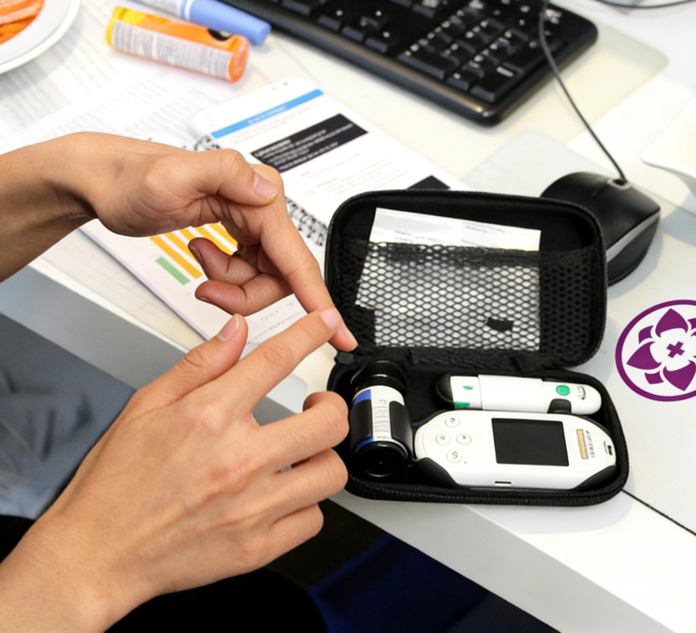 Dietitian showing how to use glucose meter